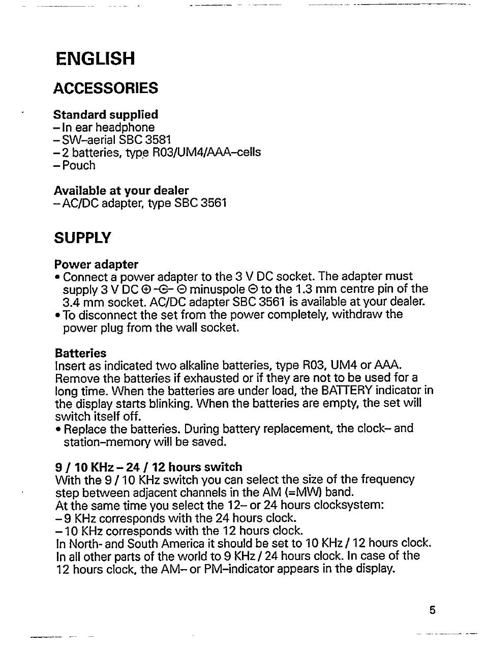 English, Accessories, Standard supplied | Available at your dealer, Supply, Power adapter, Batteries, 9/10 khz -24/12 hours switch | Philips ini AE 3905 User Manual | Page 5 / 22