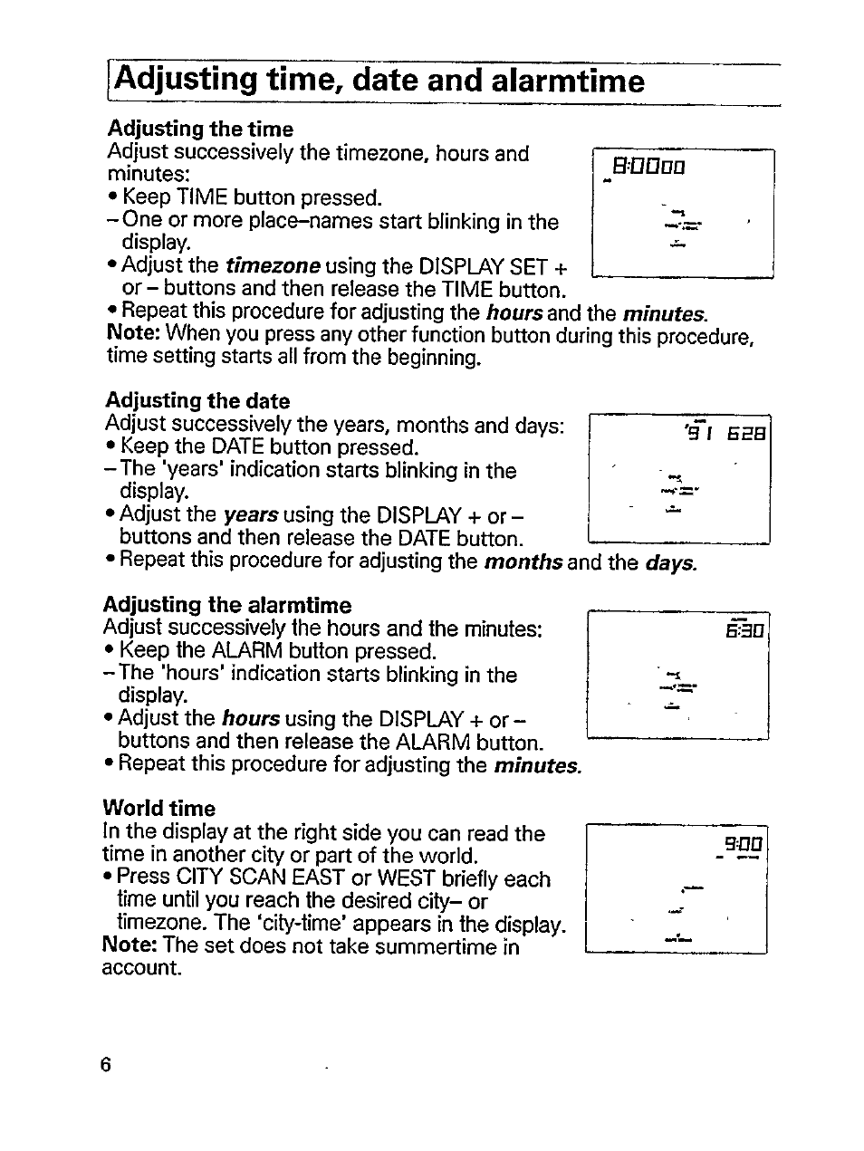 Adjusting time, date and alarmtime, Adjusting the time, Adjusting the date | Adjusting the alarmtime, World time | Philips ini AE 3905 User Manual | Page 6 / 22