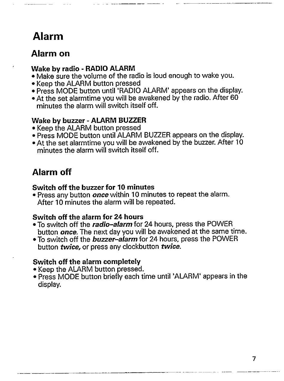 Alarm, Alarm on, Wake by radio - radio alarm | Wake by buzzer - alarm buzzer, Alarm off, Switch off the buzzer for 10 minutes, Switch off the alarm for 24 hours, Switch off the alarm completely | Philips ini AE 3905 User Manual | Page 7 / 22