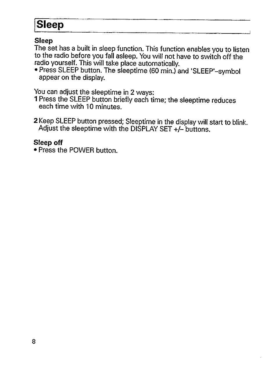 Sleep, Sleep off | Philips ini AE 3905 User Manual | Page 8 / 22