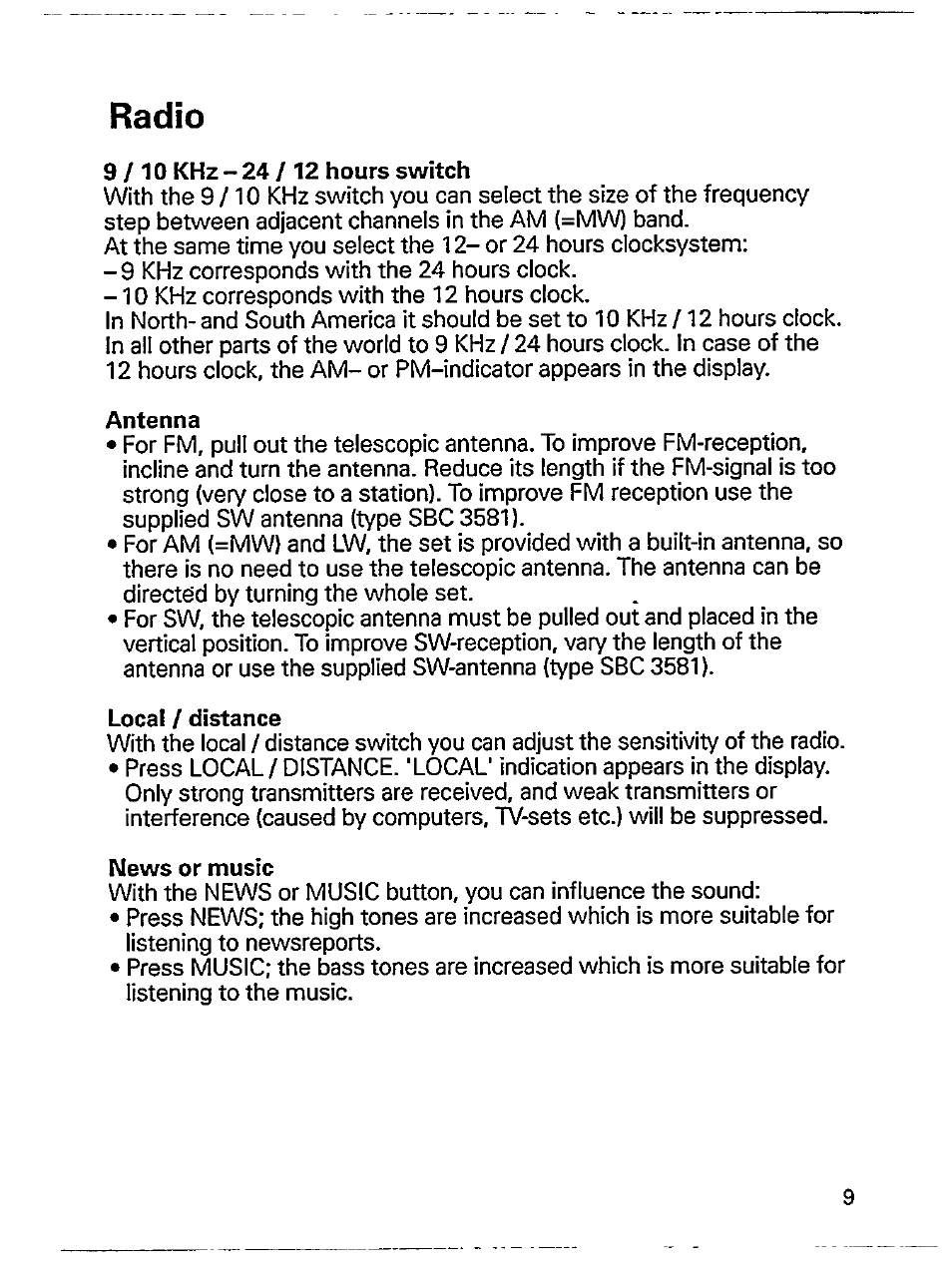 9/10 khz -24/12 hours switch, Antenna, Local / distance | News or music, Radio | Philips ini AE 3905 User Manual | Page 9 / 22