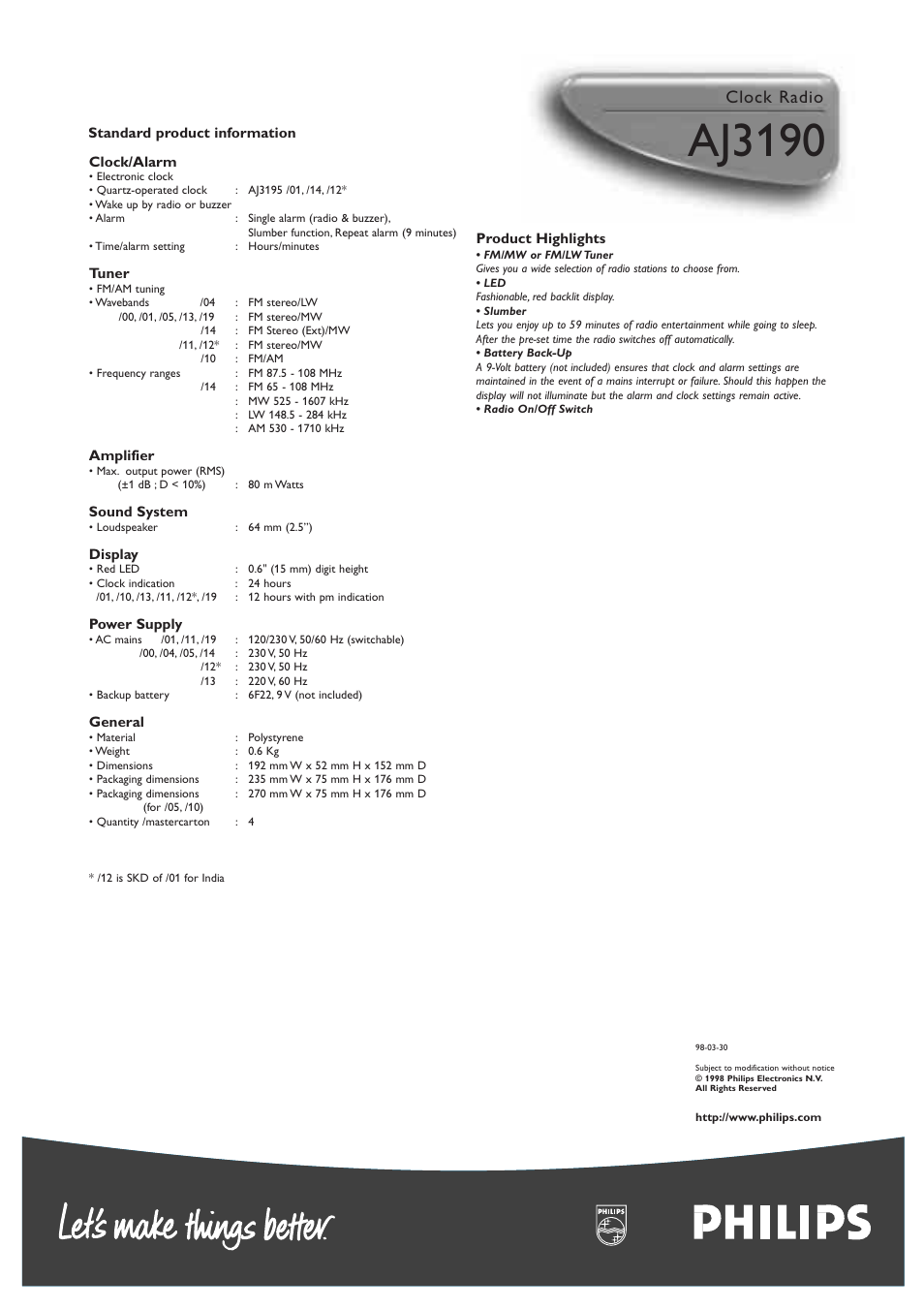 Aj3190, Clock radio | Philips AJ 3190 User Manual | Page 2 / 2