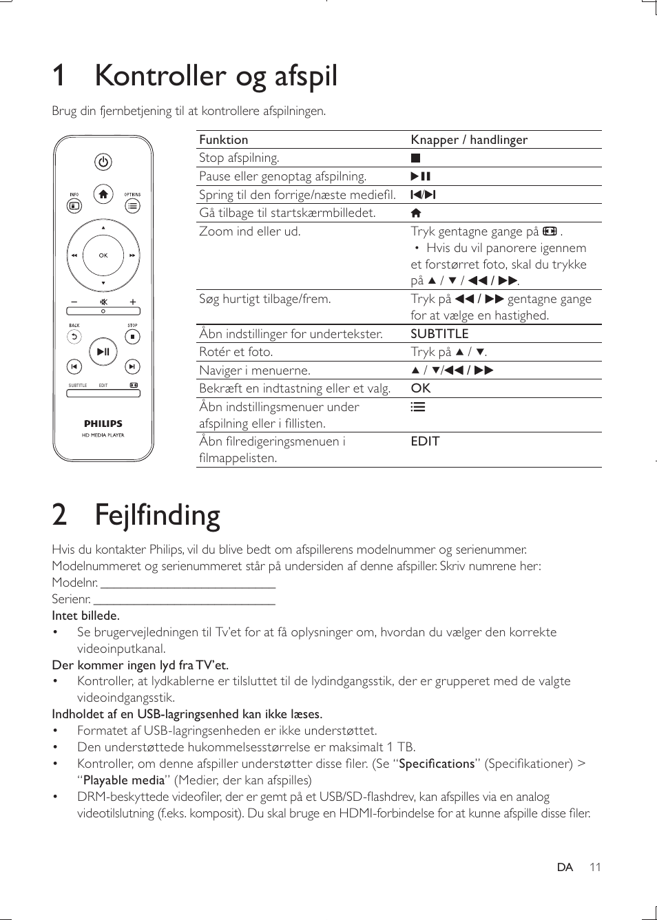 1 kontroller og afspil, 2 fejlfinding | Philips HMP3000 User Manual | Page 11 / 50