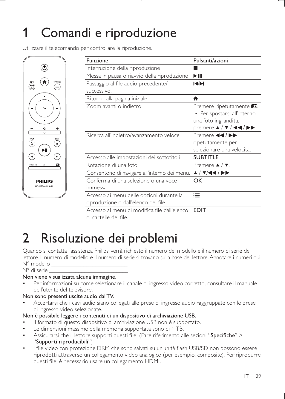 1 comandi e riproduzione, 2 risoluzione dei problemi | Philips HMP3000 User Manual | Page 29 / 50