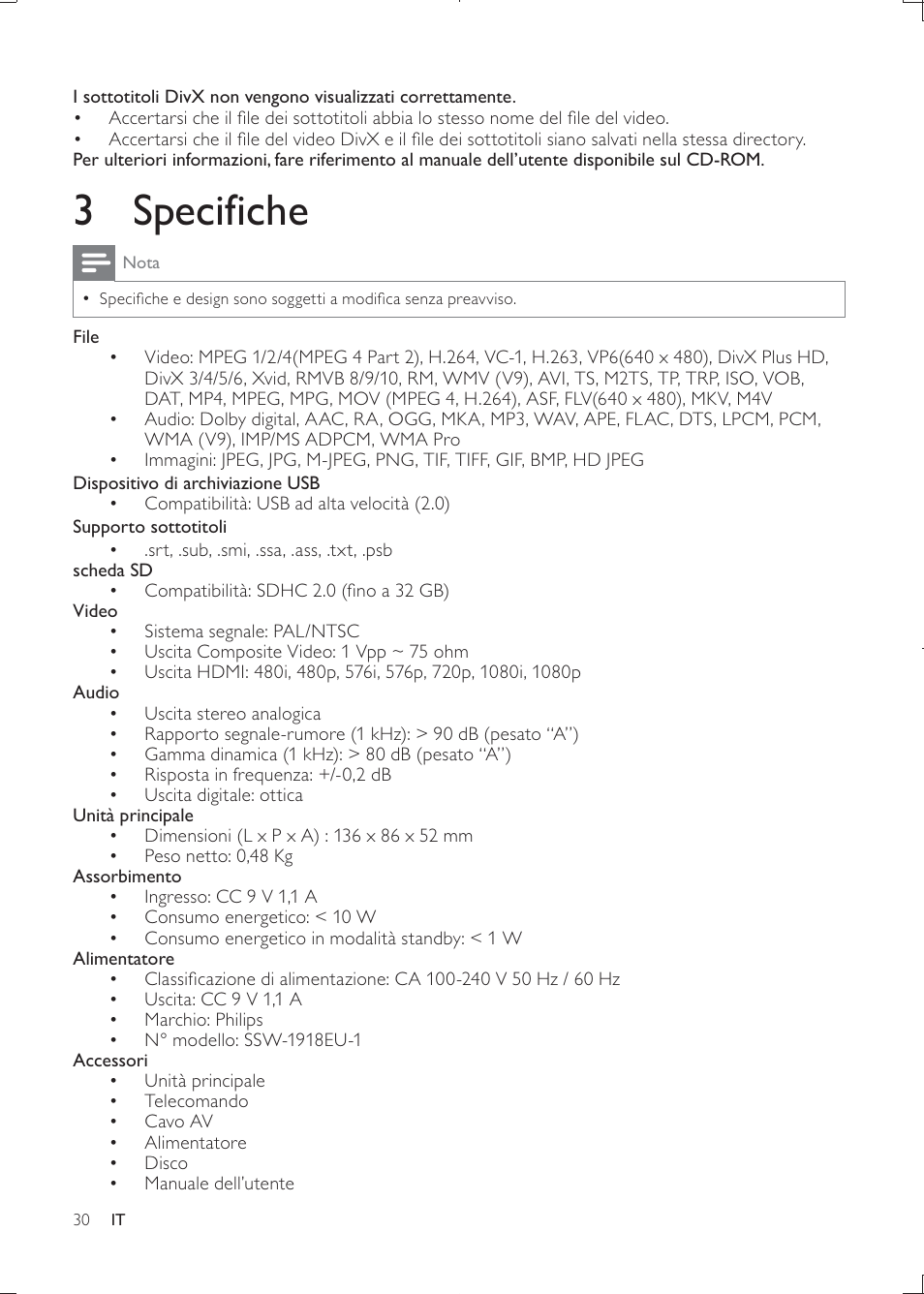 3 specifiche | Philips HMP3000 User Manual | Page 30 / 50