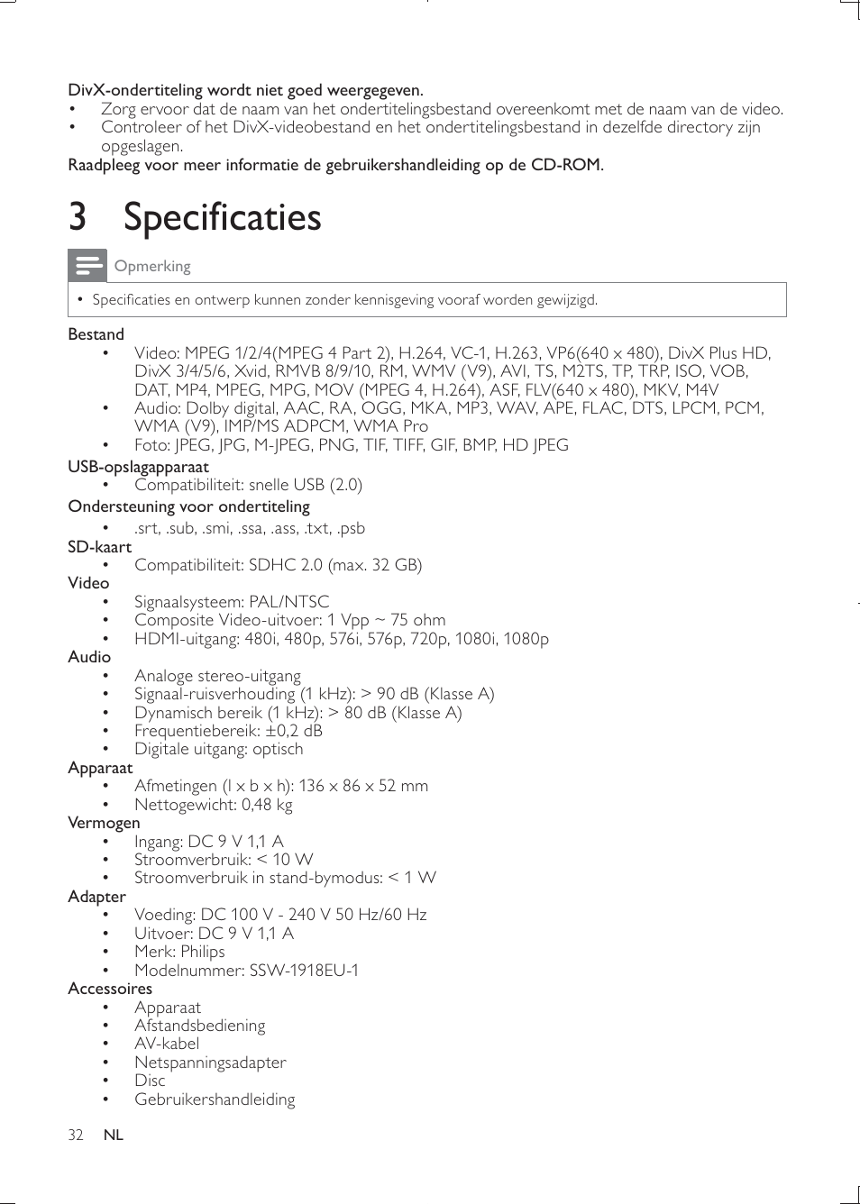 3 specificaties | Philips HMP3000 User Manual | Page 32 / 50