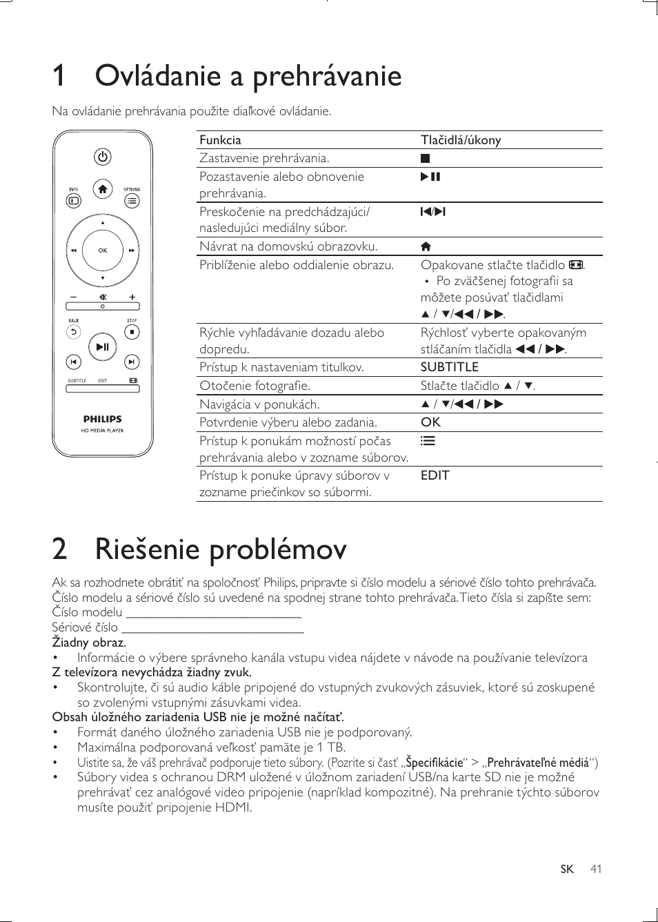 1 ovládanie a prehrávanie, 2 riešenie problémov | Philips HMP3000 User Manual | Page 41 / 50