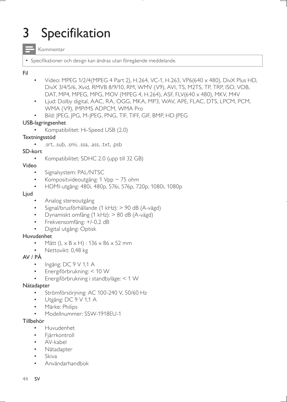 3 specifikation | Philips HMP3000 User Manual | Page 44 / 50