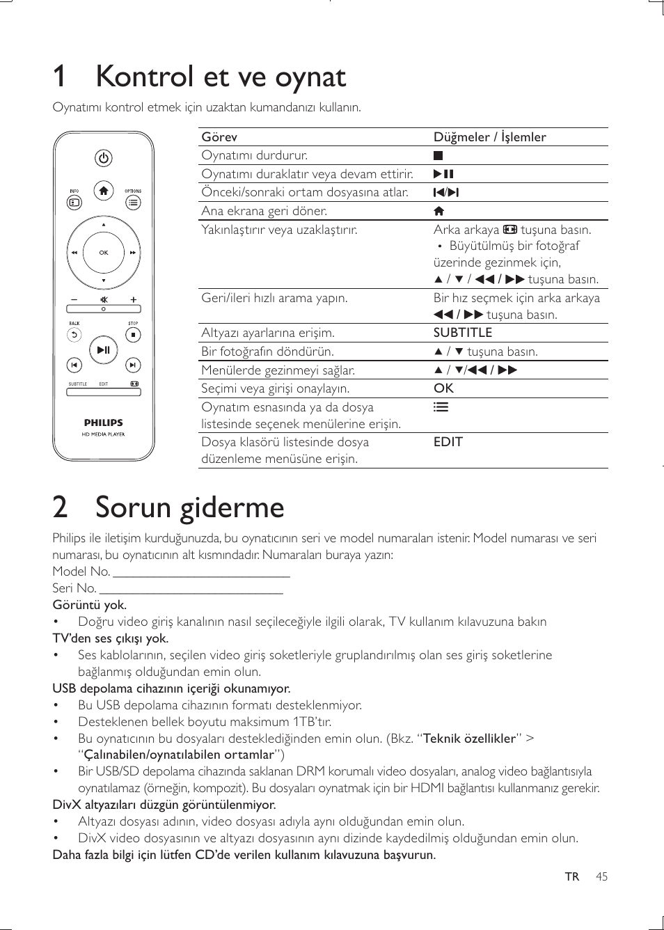 1 kontrol et ve oynat, 2 sorun giderme | Philips HMP3000 User Manual | Page 45 / 50