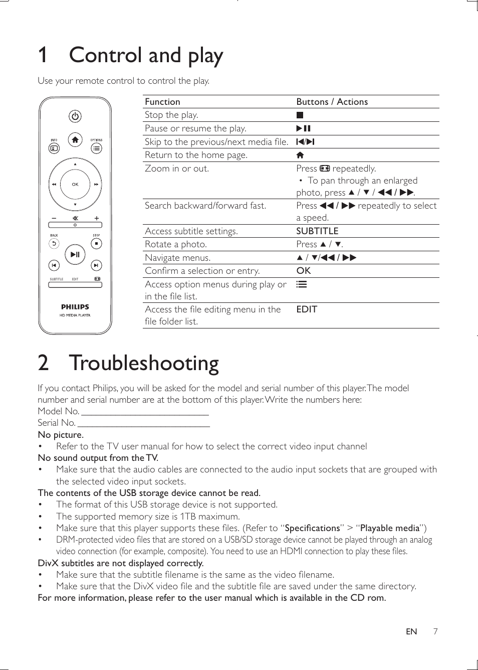 1 control and play, 2 troubleshooting | Philips HMP3000 User Manual | Page 7 / 50