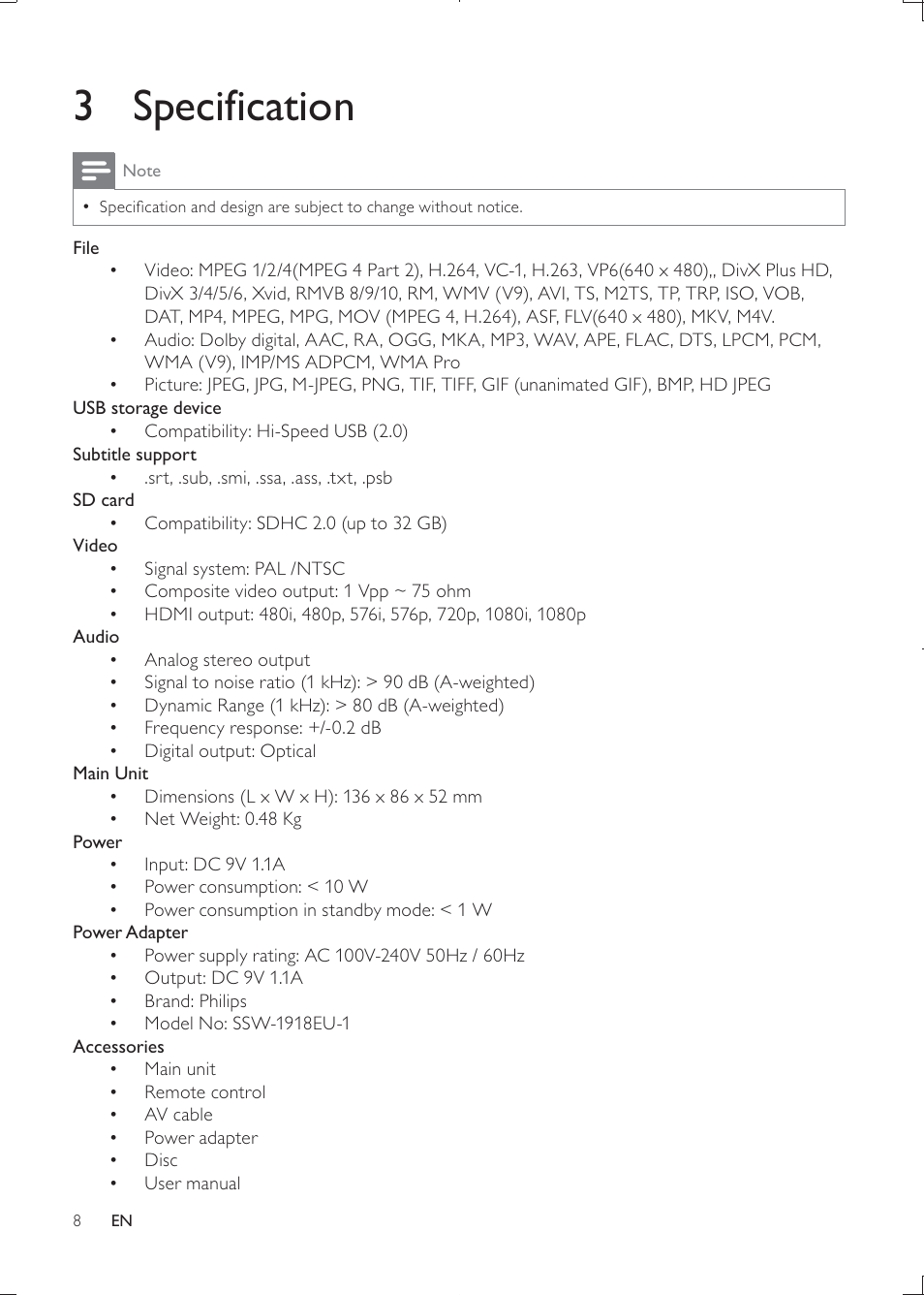 3 specification | Philips HMP3000 User Manual | Page 8 / 50