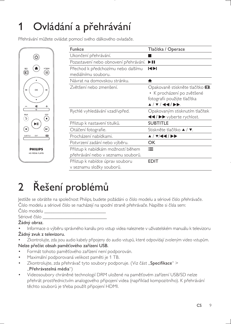 1 ovládání a pŏehrávání, 2 ŏešení problémţ | Philips HMP3000 User Manual | Page 9 / 50