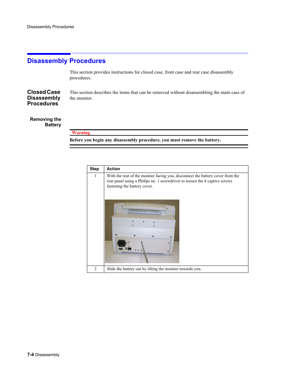 Disassembly procedures, Closed case disassembly procedures, Removing the battery | Disassembly procedures -4, Closed case disassembly procedures -4, Removing the battery -4 | Philips 862478 User Manual | Page 128 / 182