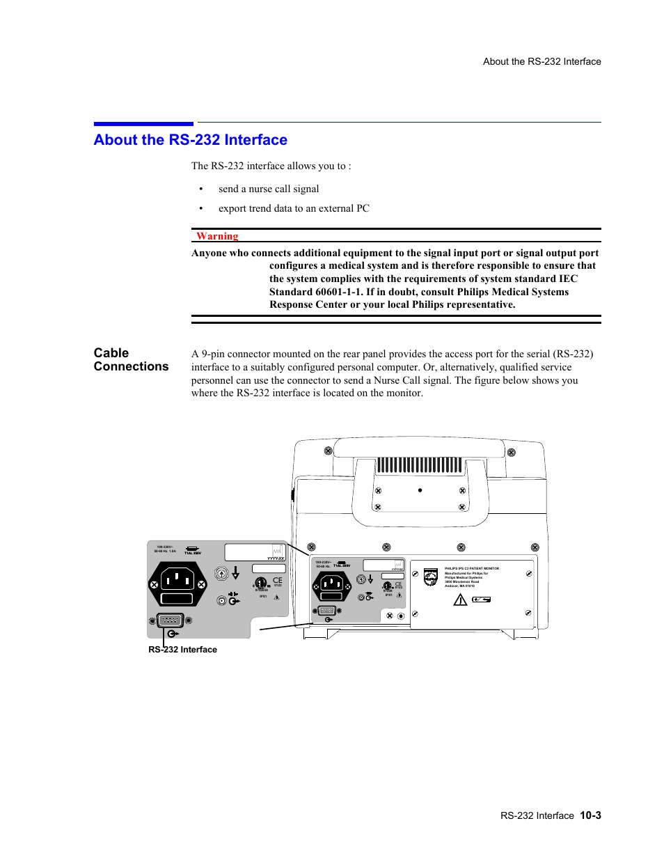 About the rs-232 interface, Cable connections, About the rs-232 interface -3 | Cable connections -3, Cable, Connections | Philips 862478 User Manual | Page 157 / 182