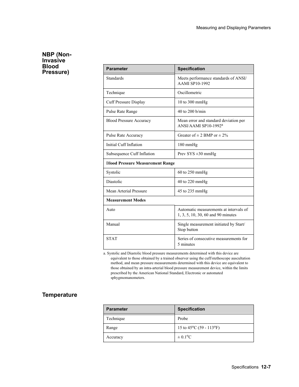 Nbp (non- invasive blood pressure), Temperature, Nbp (non- invasive blood pressure) temperature | Philips 862478 User Manual | Page 179 / 182