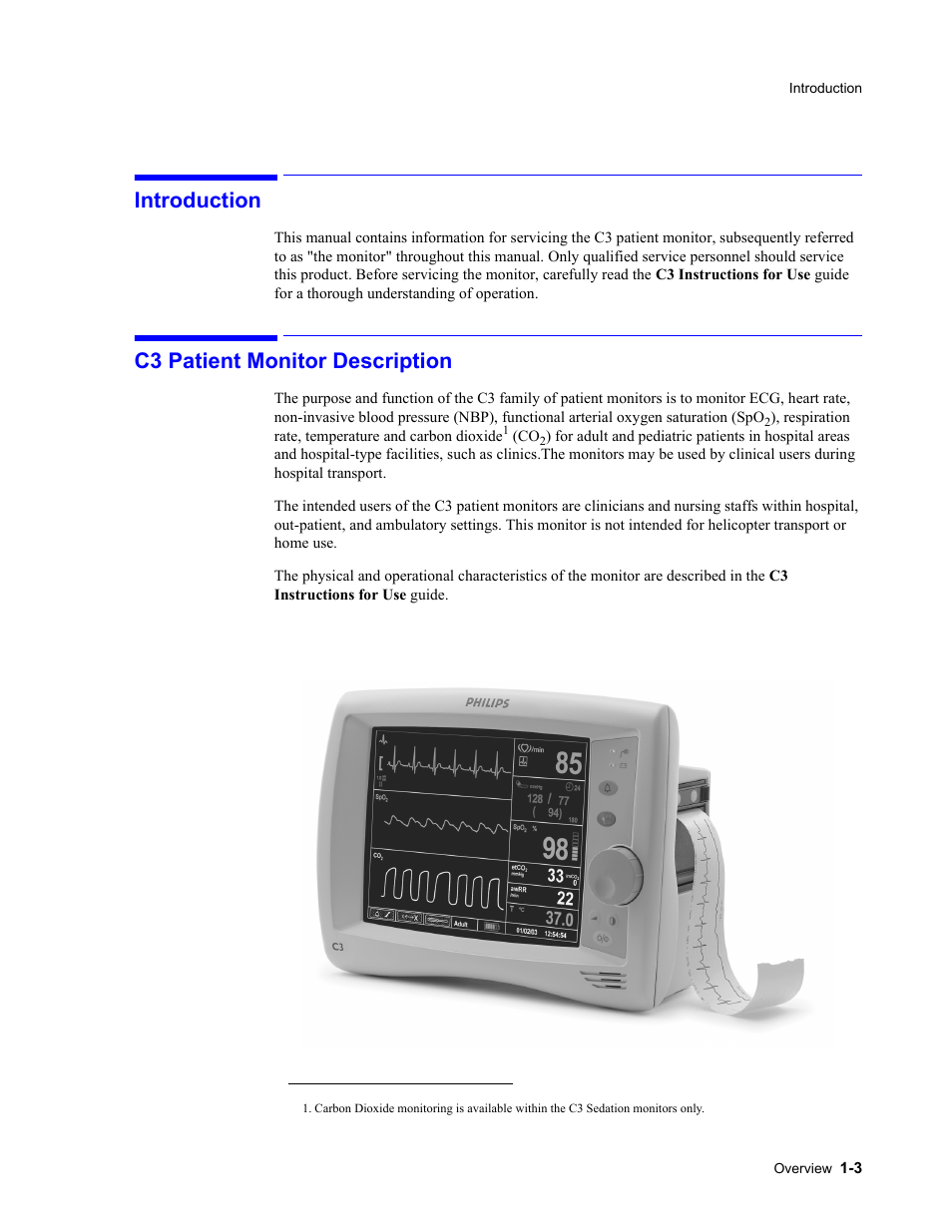Introduction, C3 patient monitor description, Introduction -3 c3 patient monitor description -3 | Philips 862478 User Manual | Page 23 / 182