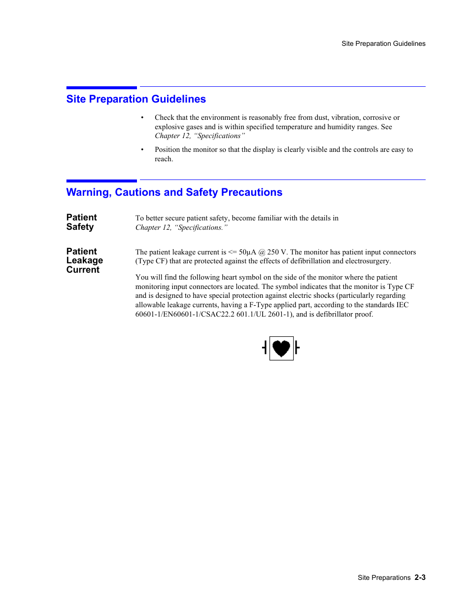 Site preparation guidelines, Warning, cautions and safety precautions, Patient safety | Patient leakage current, Patient safety -3 patient leakage current -3 | Philips 862478 User Manual | Page 31 / 182