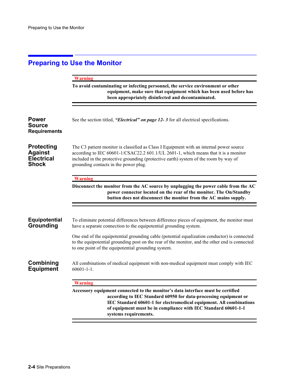 Preparing to use the monitor, Power source requirements, Protecting against electrical shock | Equipotential grounding, Combining equipment, Preparing to use the monitor -4 | Philips 862478 User Manual | Page 32 / 182