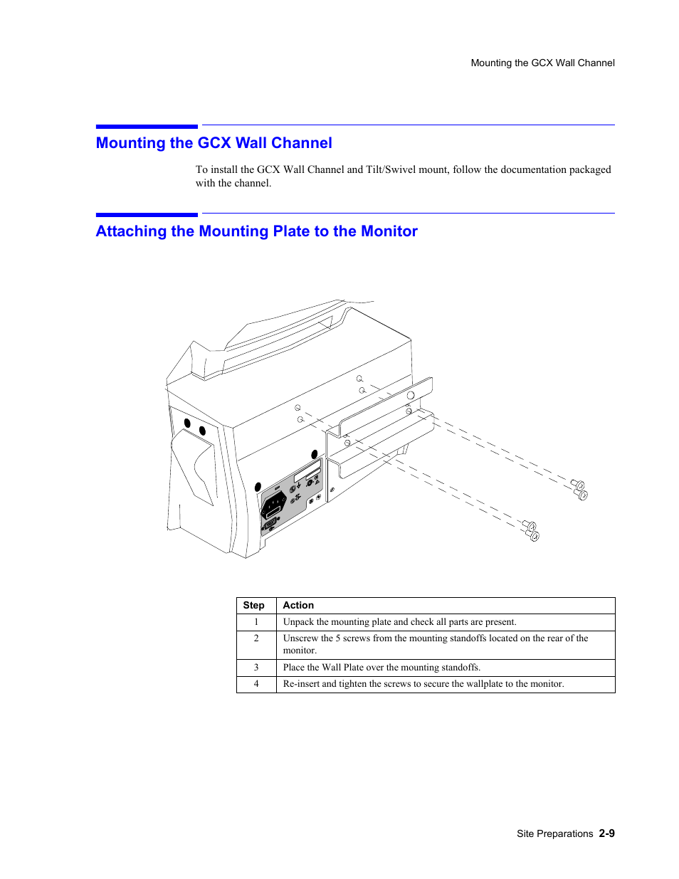Mounting the gcx wall channel, Attaching the mounting plate to the monitor | Philips 862478 User Manual | Page 37 / 182