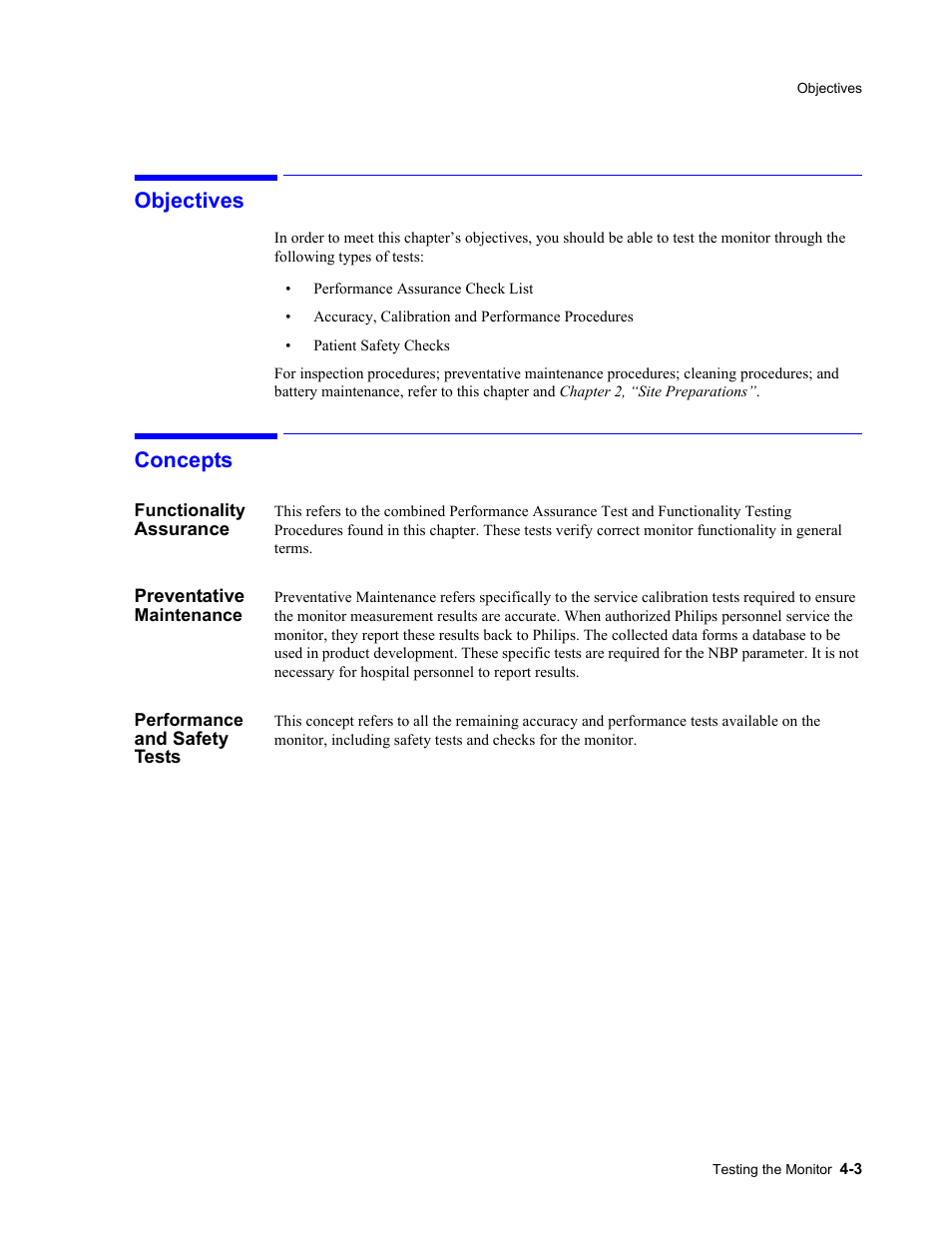 Objectives, Concepts, Functionality assurance | Preventative maintenance, Performance and safety tests, Objectives -3 concepts -3 | Philips 862478 User Manual | Page 53 / 182