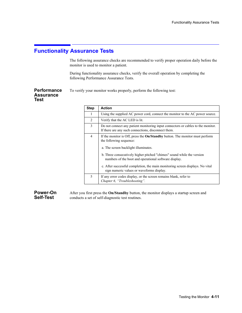 Functionality assurance tests, Performance assurance test, Power-on self-test | Functionality assurance tests -11 | Philips 862478 User Manual | Page 61 / 182