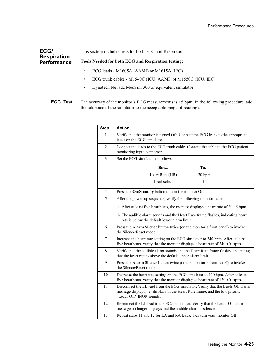 Ecg/ respiration performance, Ecg test, Ecg/respiration performance -25 | Ecg test -25, Ecg/ respiration | Philips 862478 User Manual | Page 75 / 182