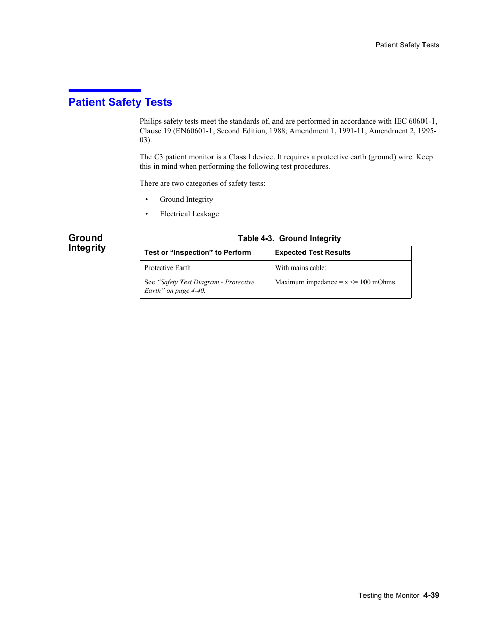 Patient safety tests, Ground integrity, Patient safety tests -39 | Ground integrity -39 | Philips 862478 User Manual | Page 89 / 182