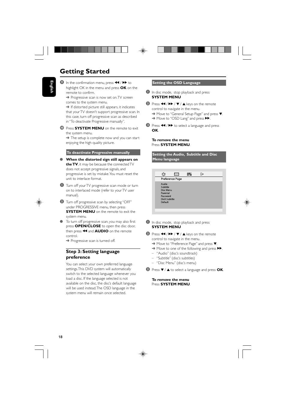 Getting started, Step 3: setting language preference | Philips MCD139BDVD User Manual | Page 18 / 37