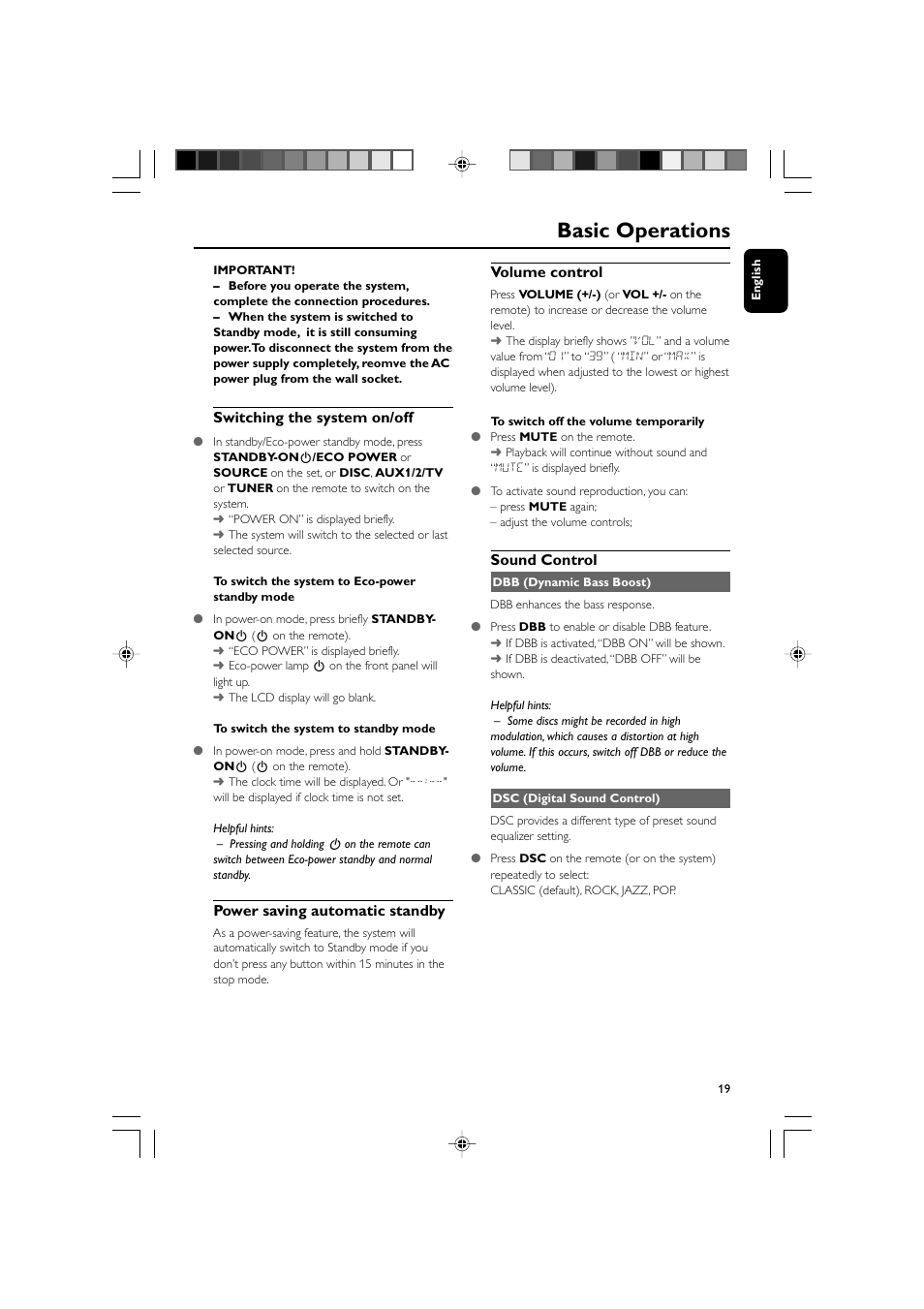 Basic operations, Switching the system on/off, Power saving automatic standby | Volume control, Sound control | Philips MCD139BDVD User Manual | Page 19 / 37