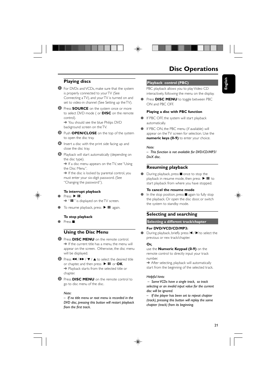 Disc operations, Playing discs 1, Using the disc menu 1 | Resuming playback, Selecting and searching | Philips MCD139BDVD User Manual | Page 21 / 37