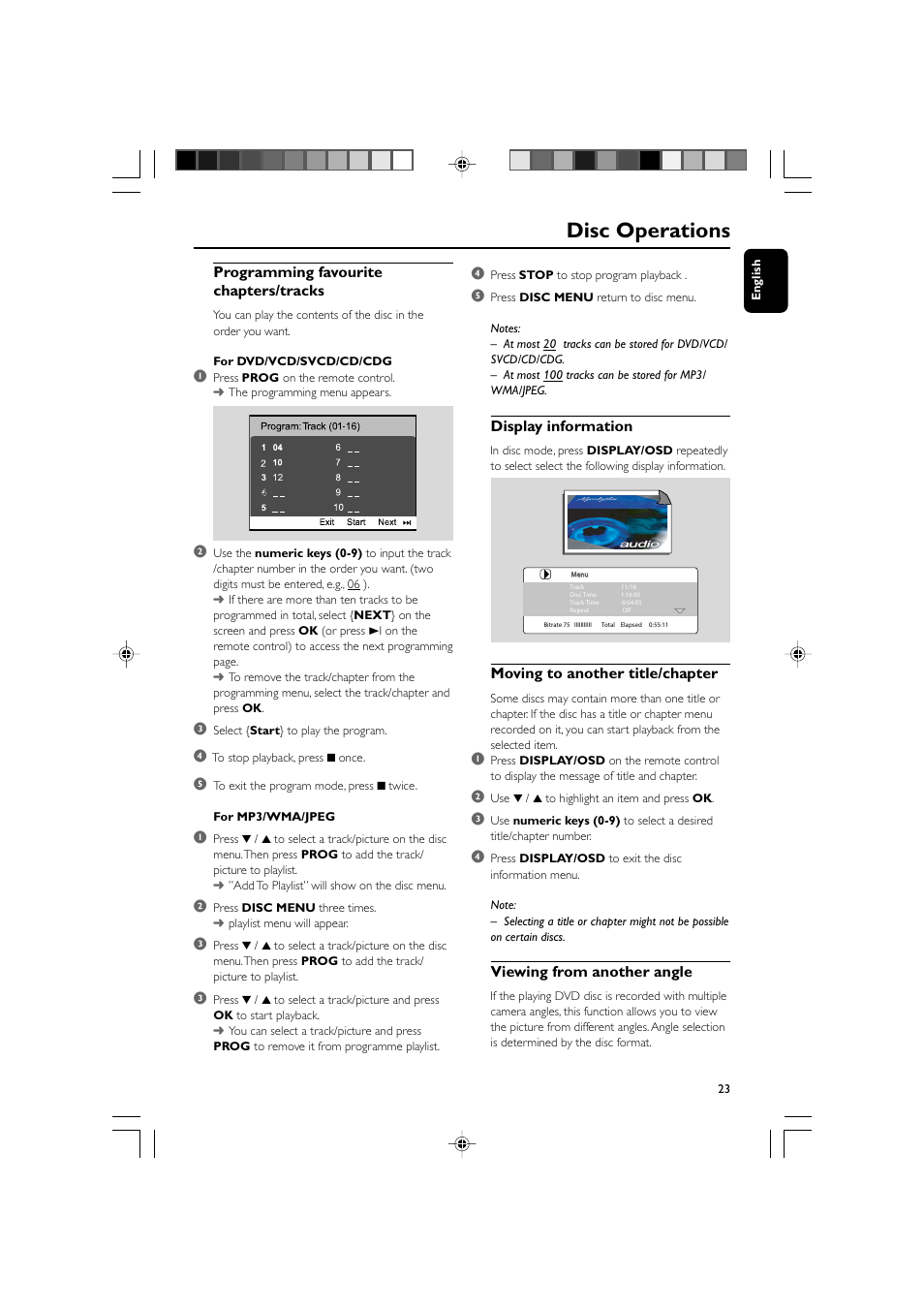 Disc operations, Programming favourite chapters/tracks, Display information | Moving to another title/chapter, Viewing from another angle | Philips MCD139BDVD User Manual | Page 23 / 37