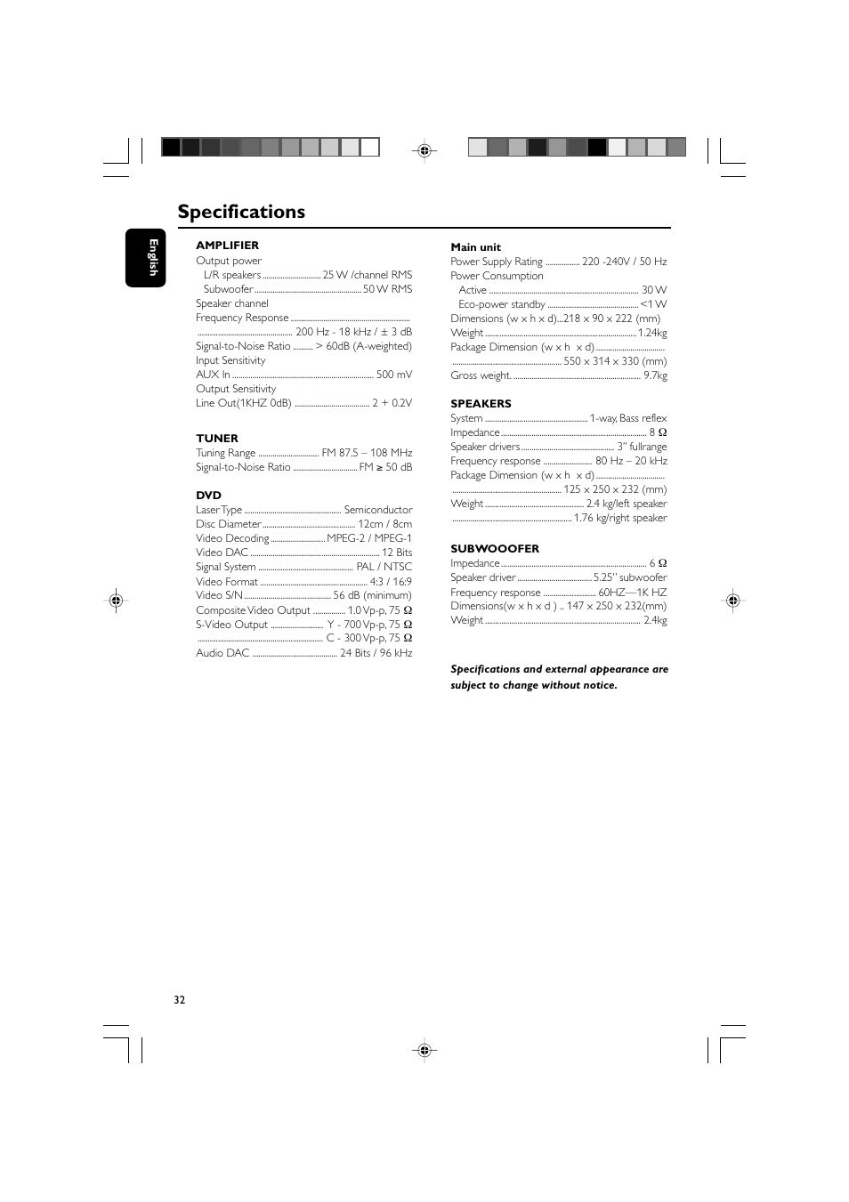 Specifications | Philips MCD139BDVD User Manual | Page 32 / 37