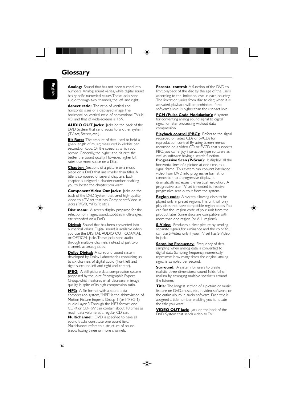 Glossary | Philips MCD139BDVD User Manual | Page 36 / 37