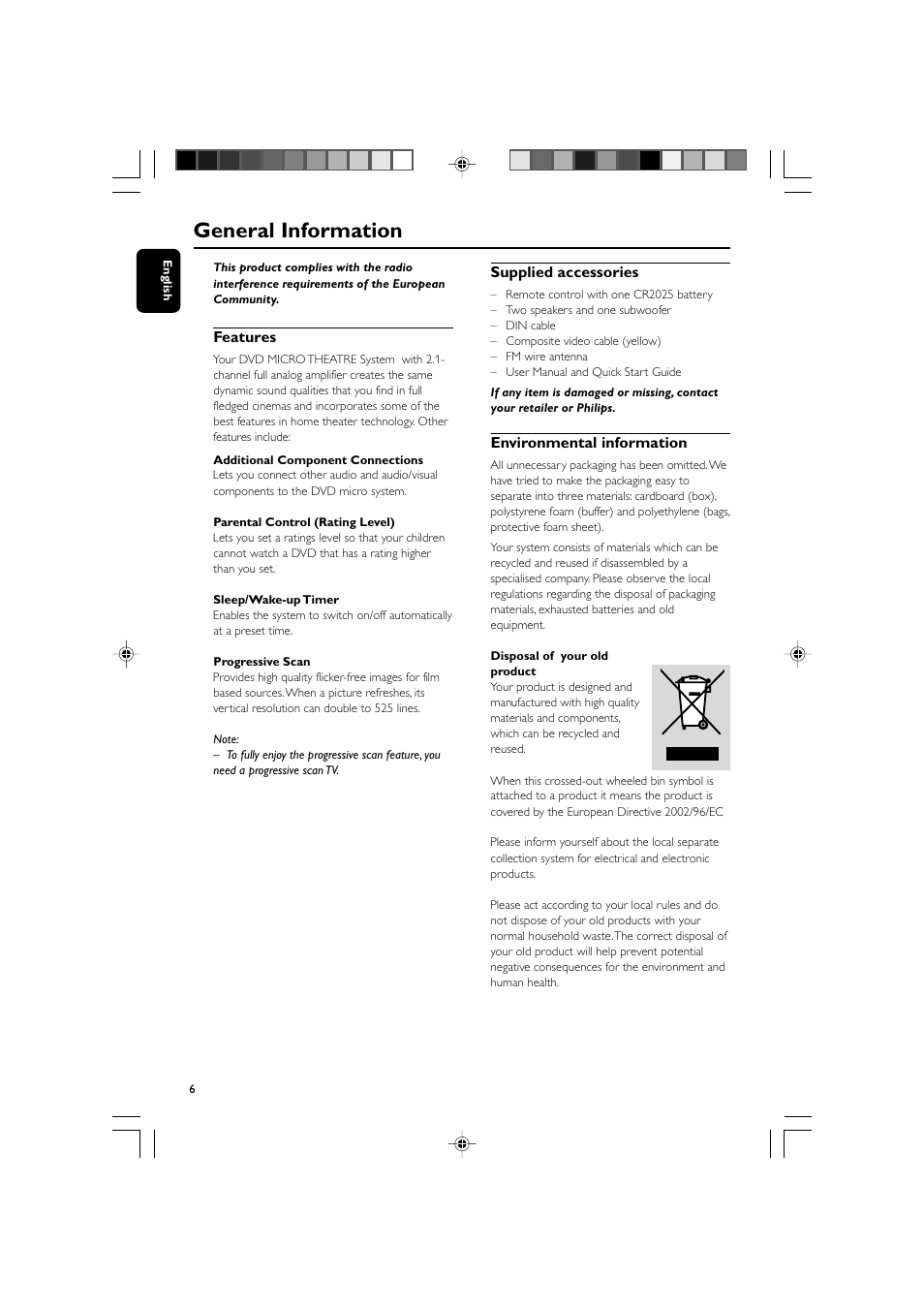 General information, Features, Supplied accessories | Environmental information | Philips MCD139BDVD User Manual | Page 6 / 37