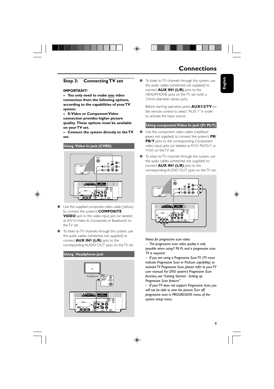 Connections, Step 3: connecting tv set | Philips MCD139BDVD User Manual | Page 9 / 37