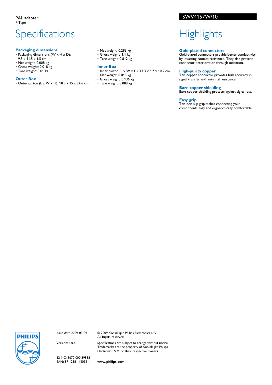 Specifications, Highlights | Philips SWV4157W User Manual | Page 2 / 2