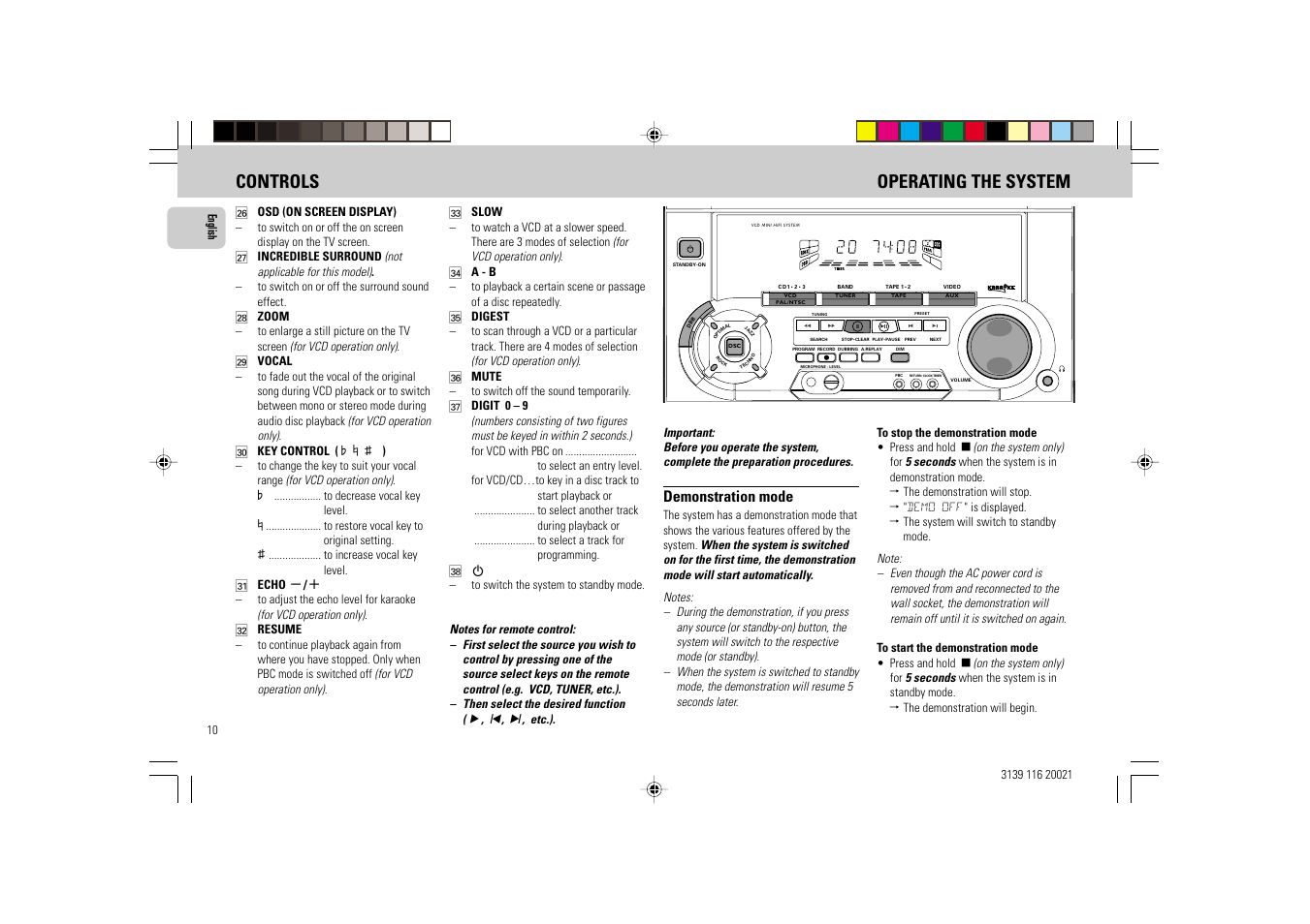 Controls operating the system, Demonstration mode | Philips FW-V28 User Manual | Page 10 / 26