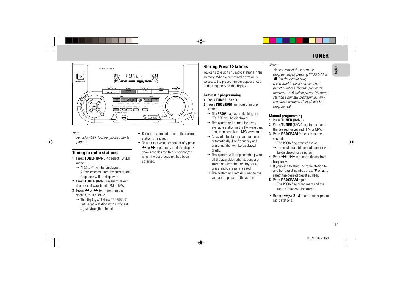 Tuner, Tuning to radio stations, Storing preset stations | Philips FW-V28 User Manual | Page 17 / 26