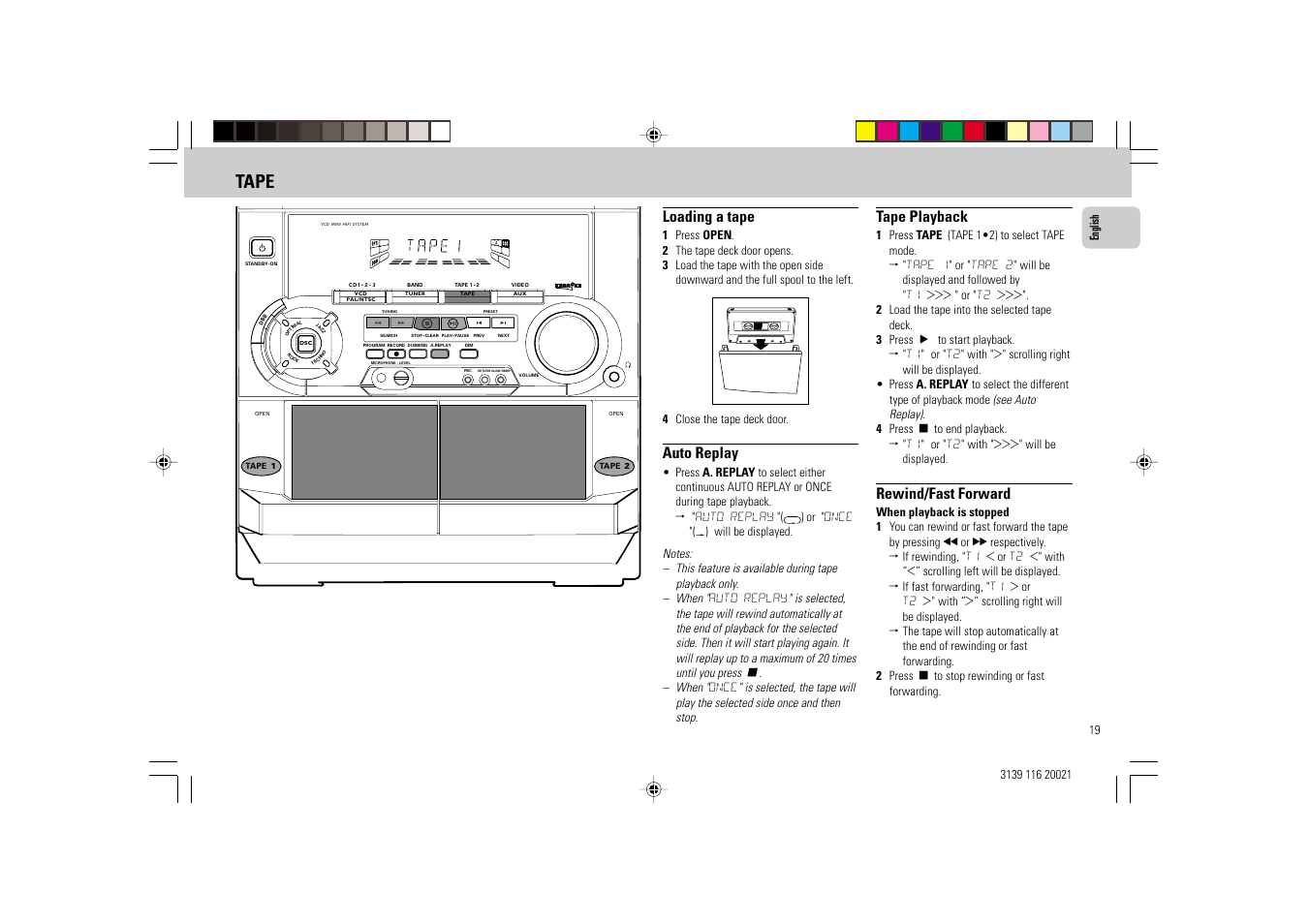 Tape, Loading a tape, Auto replay | Tape playback, Rewind/fast forward | Philips FW-V28 User Manual | Page 19 / 26