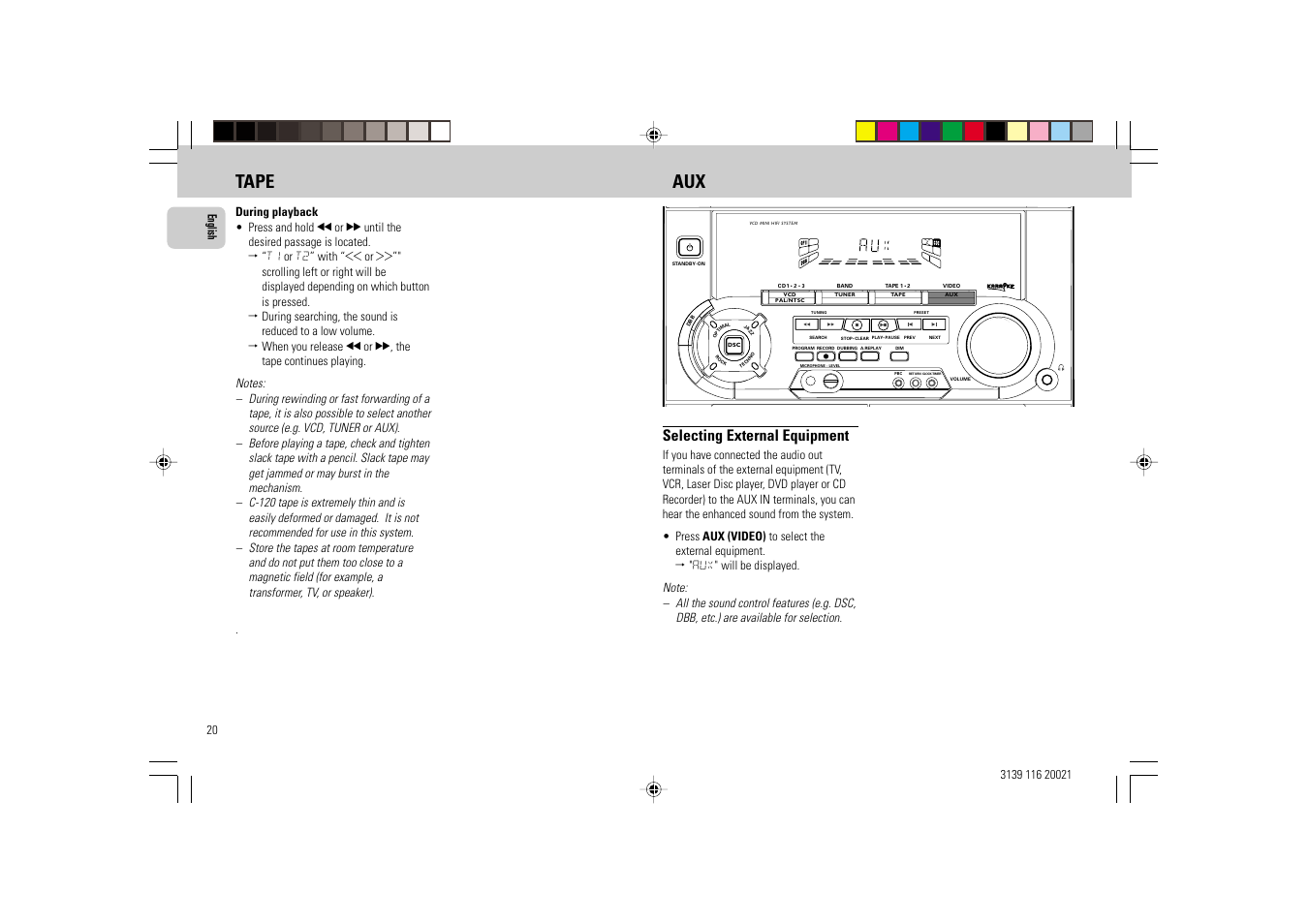 Tape aux, Selecting external equipment | Philips FW-V28 User Manual | Page 20 / 26