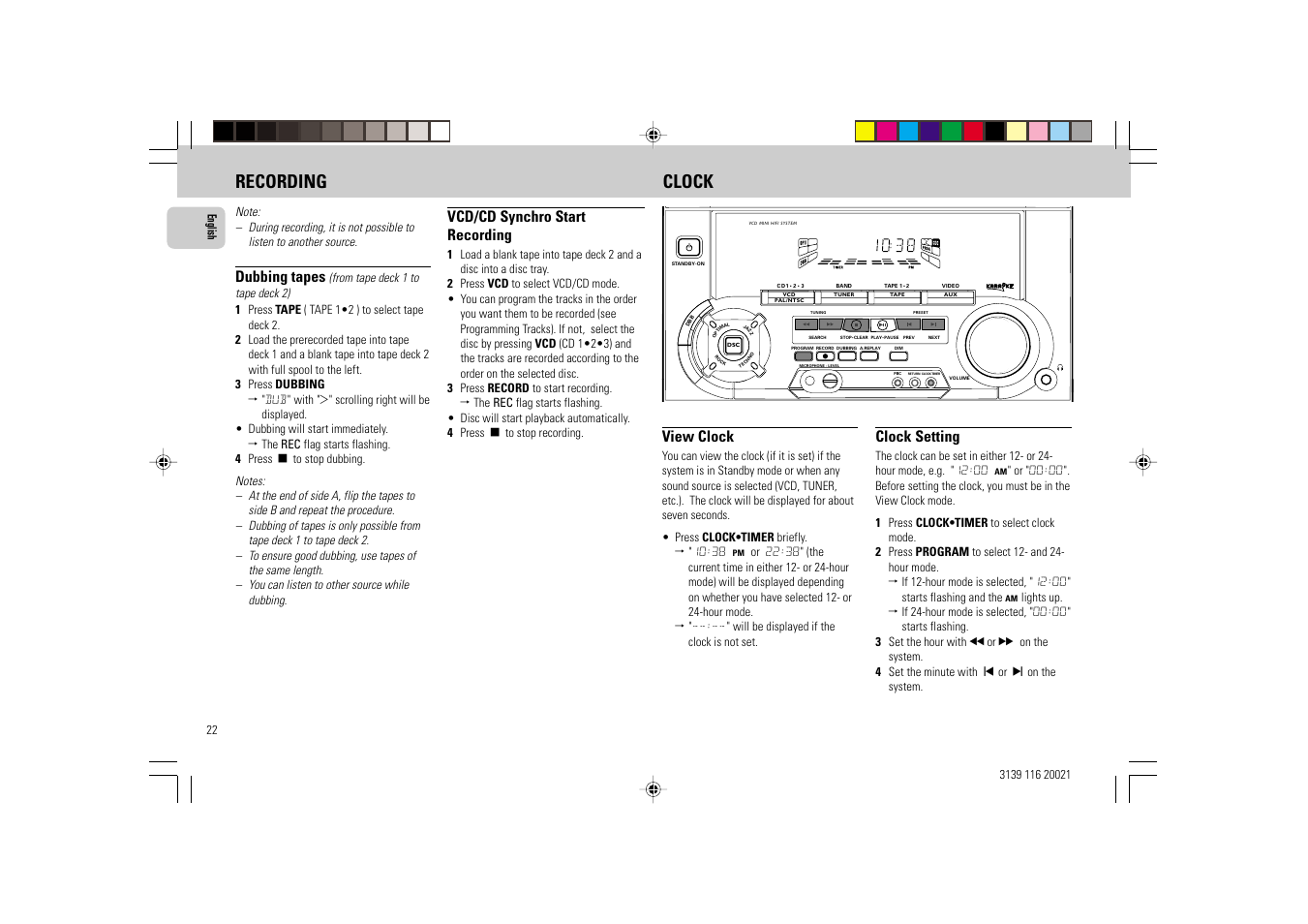 Recording clock, Dubbing tapes, Vcd/cd synchro start recording | View clock, Clock setting | Philips FW-V28 User Manual | Page 22 / 26