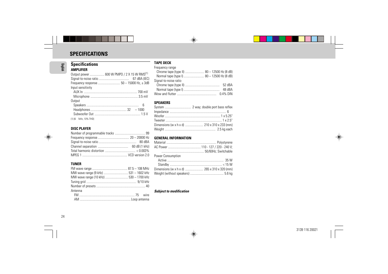 Specifications | Philips FW-V28 User Manual | Page 24 / 26