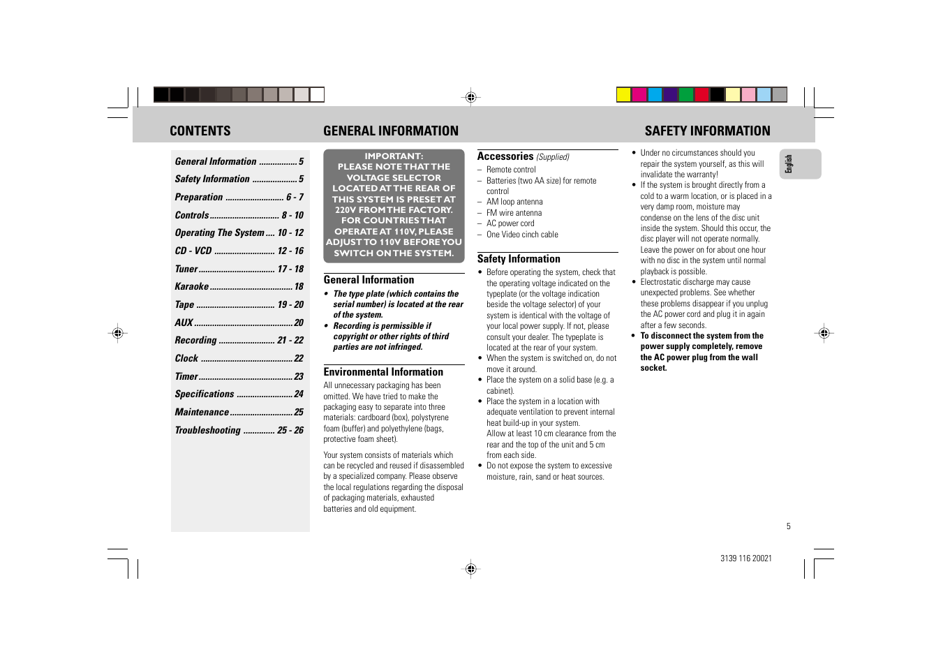 Contents general information safety information | Philips FW-V28 User Manual | Page 5 / 26
