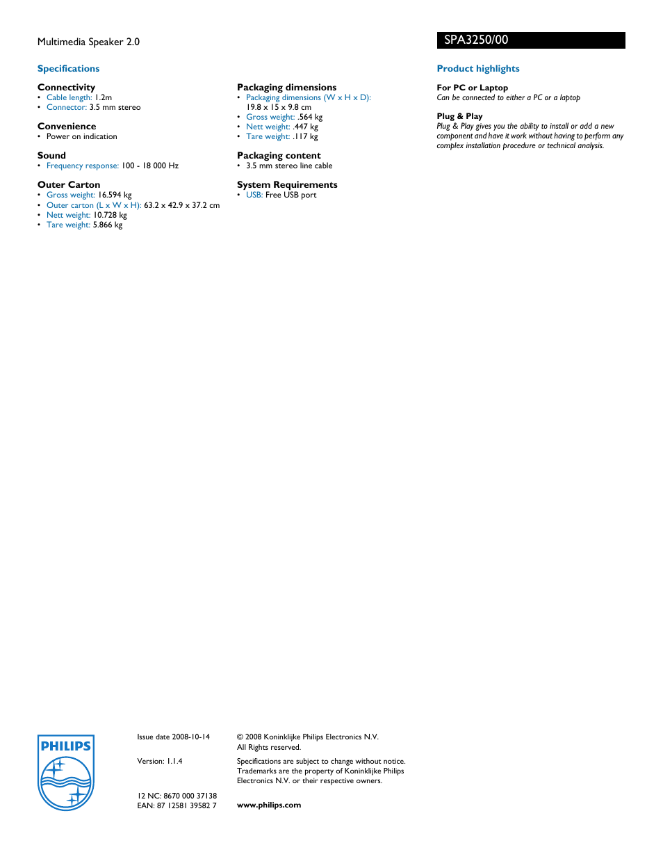 Philips SPA3250 User Manual | Page 2 / 2