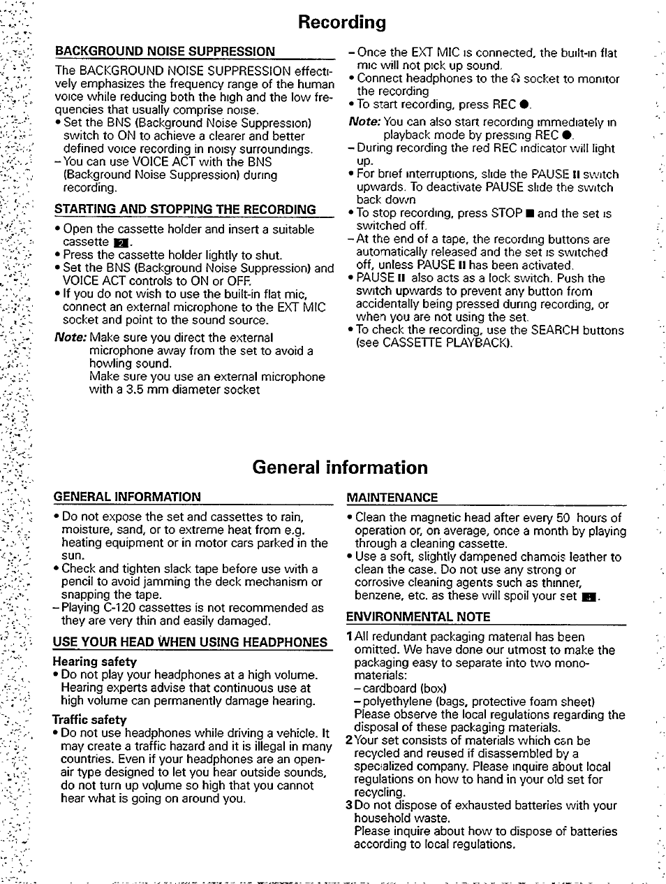 Recording, Background noise suppression, Starting and stopping the recording | General information, Maintenance, Use your head when using headphones, Environmental note | Philips AQ6340/00 User Manual | Page 11 / 11