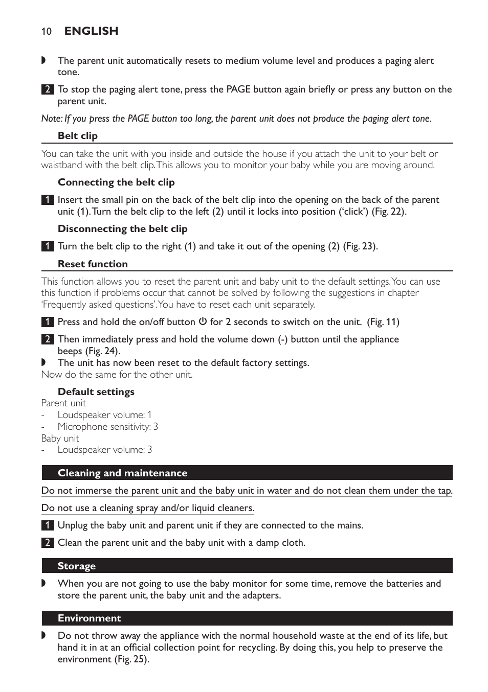 Belt clip, Connecting the belt clip, Disconnecting the belt clip | Reset function, Default settings, Cleaning and maintenance, Storage, Environment | Philips SCD496 User Manual | Page 10 / 108