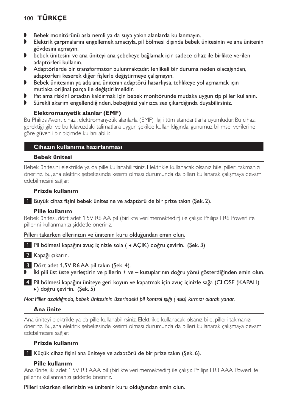 Elektromanyetik alanlar (emf), Cihazın kullanıma hazırlanması, Bebek ünitesi | Prizde kullanım, Pille kullanım, Ana ünite | Philips SCD496 User Manual | Page 100 / 108