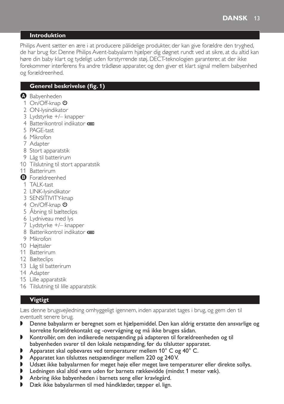 Dansk, Introduktion, Generel beskrivelse (fig. 1) | Vigtigt | Philips SCD496 User Manual | Page 13 / 108