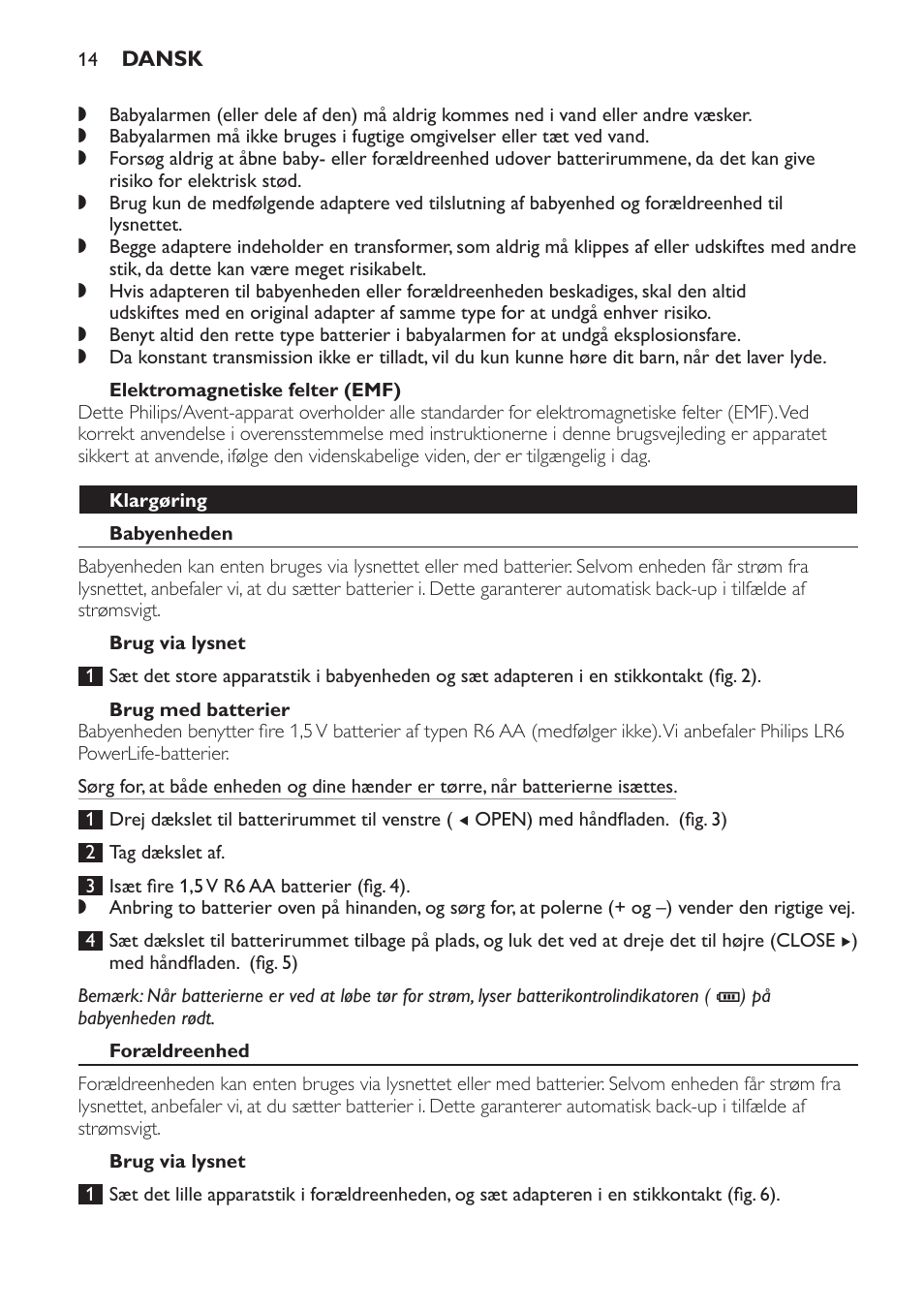 Elektromagnetiske felter (emf), Klargøring, Babyenheden | Brug via lysnet, Brug med batterier, Forældreenhed | Philips SCD496 User Manual | Page 14 / 108