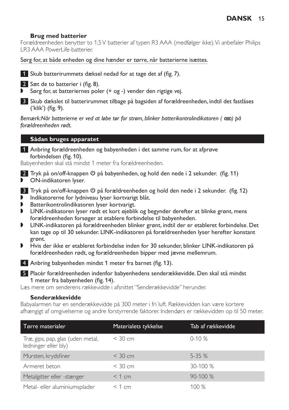 Brug med batterier, Senderækkevidde, Sådan bruges apparatet | Philips SCD496 User Manual | Page 15 / 108